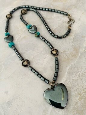 Hematite Heart Pendant Necklace with Turquoise Accents